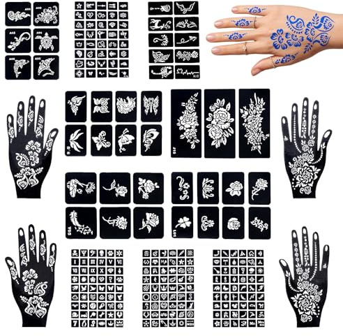 247 Stück Temporäres Henna Tattoo Set – Schablonen & Vorlagen für Hand, Arm & Body Art, Einfache DIY-Vorlagen für Frauen, Mädchen & Teens (14 Bögen)
