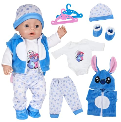 7 Stück Puppenkleidung, Blaue Kleidung Outfit für 35-43 cm Baby Puppen mit Jacke, Oberteil, Hose, Mütze, Socken, 2 Kleiderbügel für 14-18 Zoll Puppen, Baby Zubehör Geschenke für Mädchen Jungen