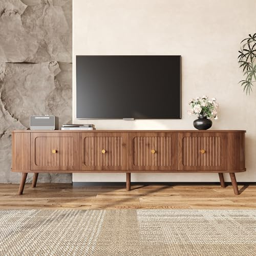 RAPRAP Meuble TV en bois 180 cm marron Lowboard style vintage, table TV moderne - Quatre portes d'armoire, poignées dorées, pieds en bois, design unique,Walnut