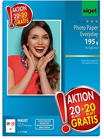 SIGEL T1155 InkJet Everyday Fotopapier, 20 + 20 Blatt gratis, A4, hochglänzend, 195 g