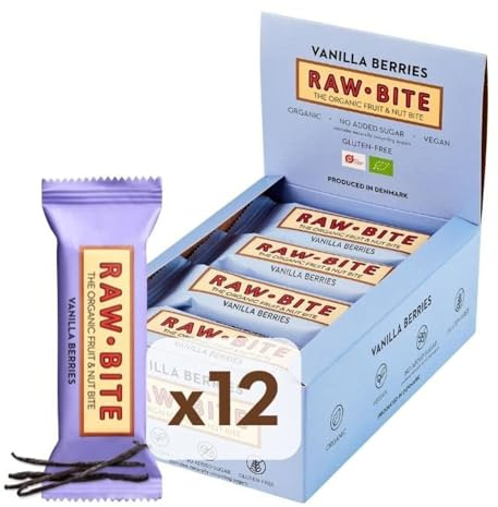 RAWBITE Riegel Vanilla Berries – Bio Frucht-Nuss Riegel mit Beeren (12x50g) | 100 % Bio & veganer Frucht-Nuss-Riegel aus Datteln, Mandeln & Beeren. Ohne Zuckerzusatz, gluten- & laktosefrei.
