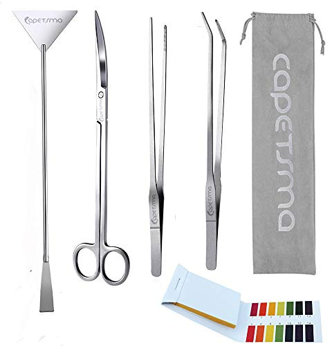 Capetsma Aquascape Long Stainless Steel Plant Tools Set - Aquarium Tweezers, Scissors, Spatula, Algae Scrapers - Fish Tank Cleaning Kit