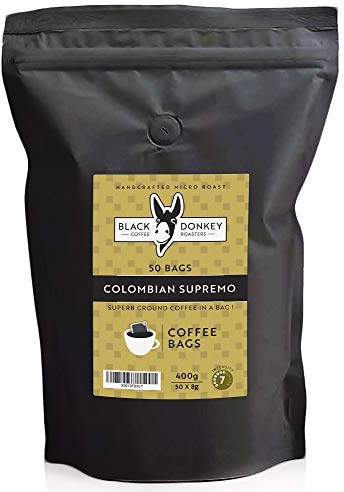Black Donkey - 50 Coffee Bags (COLOMBIAN SUPREMO) | Medium Roast | 100% Colombian Arabica | Roasted In UK | Full-Bodied, Creamy & Delicious | With rich flavours of dark chocolate & almond