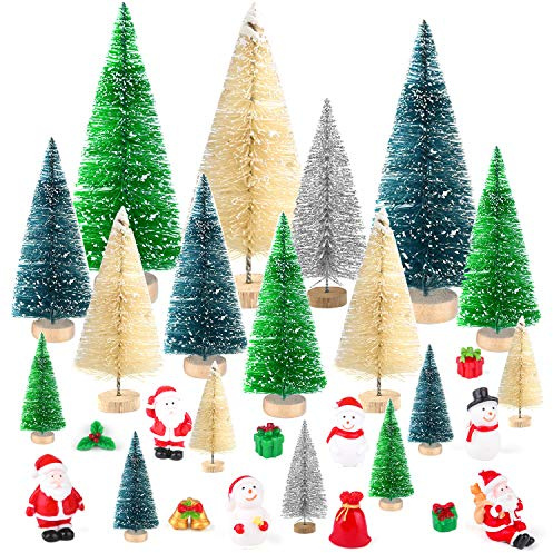 KUUQA 29 Pcs Mini Sisal Schnee Frost Bäume Flasche Pinsel Bäume Mini Weihnachtsbäume mit Figuren Weihnachtsmann, Schneemann, Geschenkboxen Miniatur Ornamente für Weihnachtsdorf Dekoration