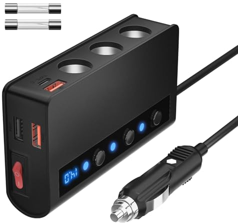 7 in 1 Zigarettenanzünder Verteiler 180W Auto Ladegerät Adapter 12V KFZ Ladegerät 3 Steckdose 24V Mehrfach Splitter DC mit LED Voltmeter Schalter 4 USB Anschlüsse 6.8A für Handy GPS Sitzheizung