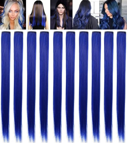 LSKJMO 10PCS 20 inch Blue Hair Extensions Clip in Colored Hair Extensions for Women,Wig Pieces Colorful Party Highlights Straight Synthetic Blue Hairpieces