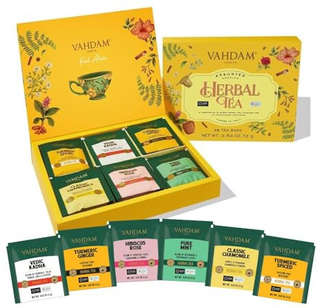 VAHDAM, Assorted Herbal Tea Variety Pack (6 Variants, 36 Tea Bags) Caffeine Free, Gluten Free, Non GMO | Eco Friendly Long Leaf Pyramid Tea Bags I Tea Gift Set for Mom | Mother’s Day Gift for Women