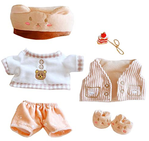 niannyyhouse Bärenanzug, Hut, T-Shirt, Weste, Hose, Schuhe, Rucksack, 20 cm, Plüschpuppe, Stofffiguren, Spielzeug, Kleidung, Zubehör