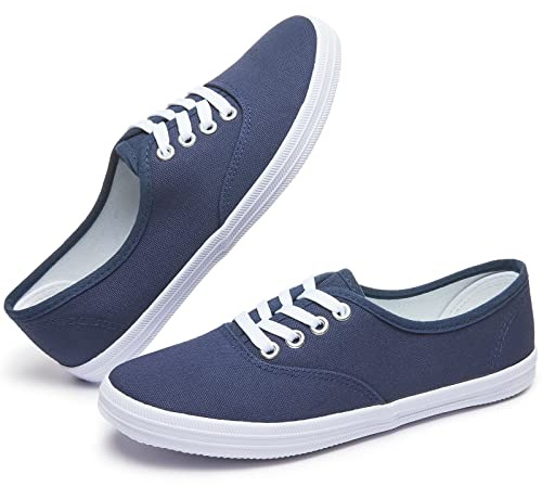 Womens White Canvas Sneakers Low Top Lace-up Canvas Shoes Lightweight Casual Tennis Shoes(Navy.US9)