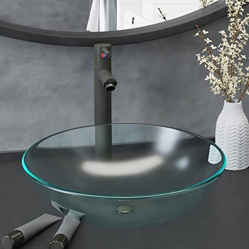 Gecheer Waschbecken, Waschschale, Rand Handwaschbecken, Aufsatzwaschbecken, Waschtisch mit Wasserhahn Ablaufgarnitur, Grau