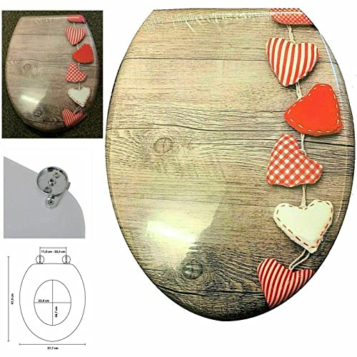 Optimal Products MDF Toilet Seat Novelty Design Stainless Steel Hinges All Printed Loo Seats Soft Close / Slow Close (Heart Design), 47 x 37.7 cm