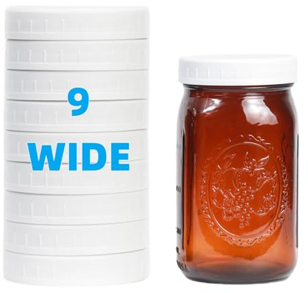 Bedgeta 9 Pack Upgraded White Wide Mouth Mason Jar Lids with Silicone Rings, for Ball, Kerr and More,86mm White Plastic Storage Caps for Mason/Canning Jars - Leak-Proof, Dishwasher Safe & Food Grade