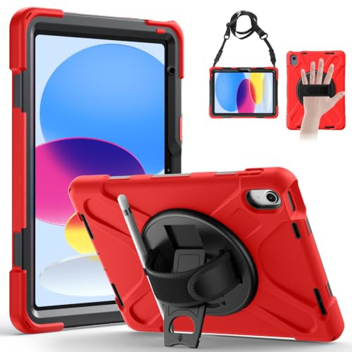 Gerutek Coque Antichoc pour iPad 11ème 2025 (A16)/10è Génération 2022, (11/10.9 Pouces), Étui Robuste avec Support Rotatif à 360°, Dragonne et Bandoulière, Porte-Stylet, Coque pour iPad 11ème, Rouge
