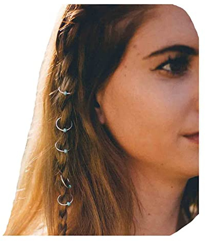 Yheakne Boho Tribal Turquoise Circle Hair Ring Set Boho Braid Rings Dreadlock Dirty Braid Hair Loop Clips Silver Hair Jewelry Hair Accessories for Women and Girls (Silver Circle with turquoise)