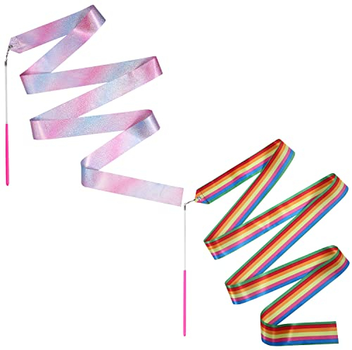 Savita 2 Pièces Rubans de Danse, 4m Ruban de Gymnastique Rubans de Danse Rythmique Bâton Virevoltant pour Les Spectacles de Talents de Danse Artistique pour Enfants