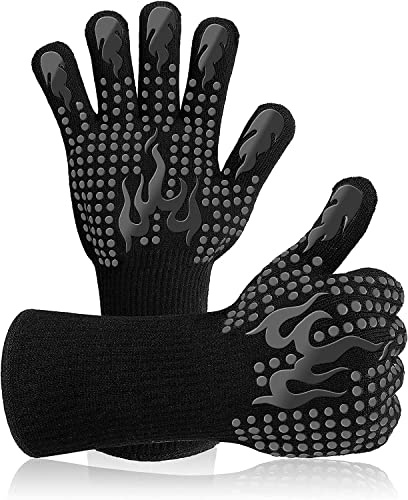 BBQ Gloves, Oven Mitts Grilling Gloves - 1472℉ Extreme Heat Resistant Oven Gloves with Fingers, Non-Slip Silicone Barbecue Gloves for Cooking Grilling Welding Baking Weber(A Pair)