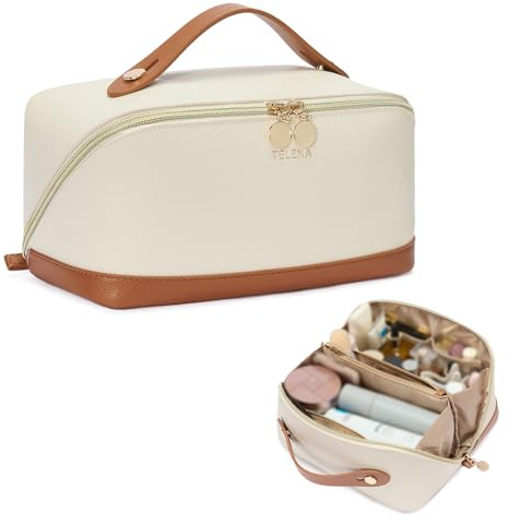 Telena Leather Make Up Bag Portable Travel Makeup Bag Waterproof Cosmetic Bags for Women Large Capacity With Handle and Divider Open Lay Flat