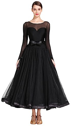 CRETUAO Eleganti Abiti Ballo Sala Donna, Abiti Ballo Classici in Rete a Maniche Lunghe, Abiti Ballo Standard Moderni di Lusso per la Competizione di Danza del Valzer di Tango,Nero,XXL
