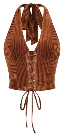 Verdusa Women's 2026 Going Out Halter Corset Top Lace Up Open Back Crop Tops Concert Cowgirl Outfits Rust Brown Large