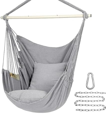 SONGMICS Hängesessel, Hängeschaukel, Hängestuhl mit 2 Kissen, Metallkette, bis 150 kg belastbar, Indoor und Outdoor, Wohnzimmer, Schlafzimmer, Taubengrau GDC197G01