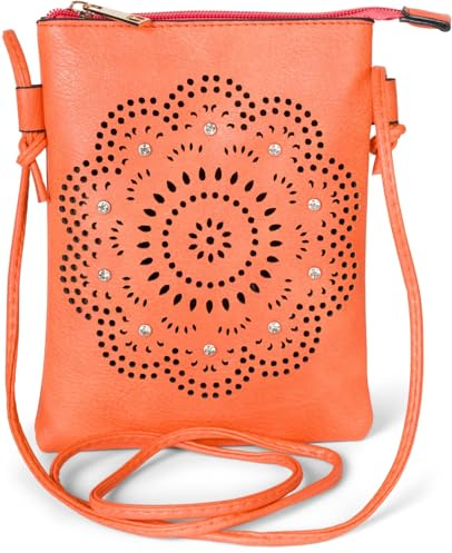 styleBREAKER Damen Mini Umhängetasche mit Blumen Lasercut Cutout Muster und Strass | kleine Crossbody Bag Schultertasche Handytasche 14,5 x 19 cm, Farbe:Orange