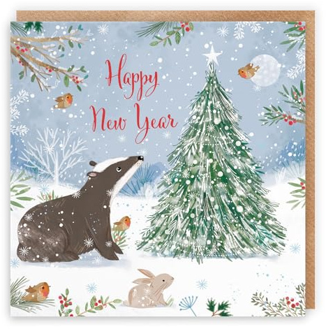 Hunts England - Happy New Year Cute Badger Card For Boys, Girls, Men, Women - Nature's Treasures - For Kids, Children, Adults - Happy Animal Wildlife Card