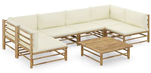 Camerina 7-TLG. Garten-Lounge-Set mit Cremeweißen Kissen Bambus Essecke Mit Eckbank Und Tisch Outdoor Furniture