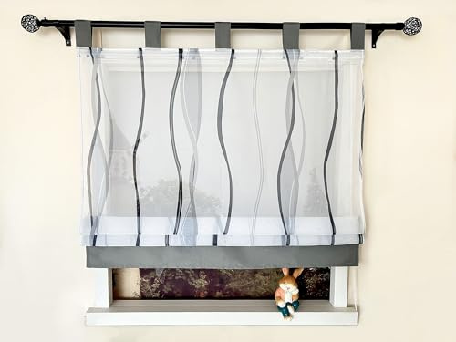 Devola Raffrollo mit Schlaufen Gardine mit Wellendruck Raffgardine Voile Transparent Schlaufenrollos für Fenster Küchenvorhang Modern Fenstervorhänge Wohnzimmer HxB 140x120cm Grau 1 Stück