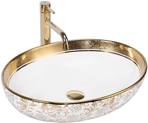 Rea Aufsatzwaschbecken MARGOT WHITE/GOLD Waschtisch Handwaschbecken Waschschale Waschbecken für Badezimmer aus hochwertiger Keramik 40 x 52 x 13,5 cm (Weiß)