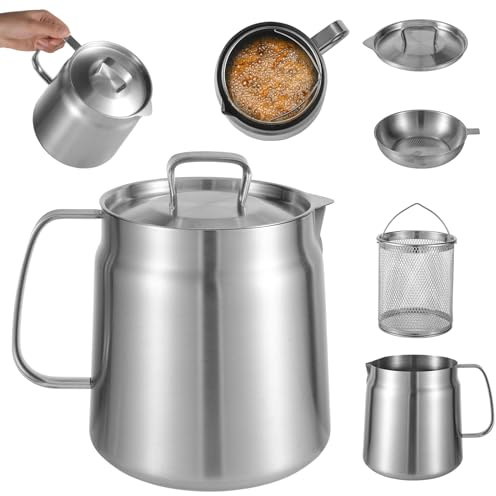 304 Stainless Steel Oil Filter Pot, 68oz High Capacity Bacon Grease Container with Frying Basket, Mesh Strainer, Dust Cover Multifunctional Oil Filter Vessel Tank for Storing Grease