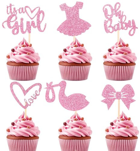 42 Stück Gender Reveal Tortendeko Glitzer Rosa Girl Cake Topper Cupcake Topper Gender Reveal Muffin Deko Geeignet für Geschlecht Offenbaren Parteien, Geburtstagsfeier Dekorationen