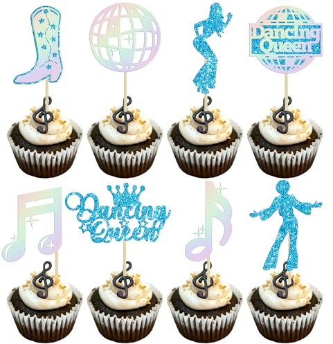 Gyufise 24Pcs Dancing Queen Cupcake Toppers Glitter Disco Ball Music Note Dance Cupcake Pick Decorations for Vintage Disco Dancing Theme Wedding Women Birthday Party Cake Decorations Supplies Blue