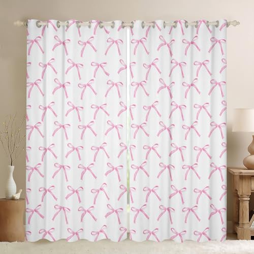 Cartoon Bowknot Kids Blackout Curtains,Pink Bow Tie Butterfly Knot Princess Window Drapes for Girls Women,Watercolor Bow Patchwork Pink White Window Treatments Grommet Top 2 Panel Set,38Wx45L inch