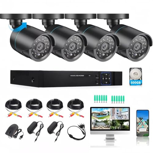 Home Security Camera System 3000TVL Surveillance DVR Kits, 4pcs Wired 1080P AHD/CVI/TVI Coaxial HD Camera Night Vision Set with AI Motion Person Detection, DVR with 500GB Hard Drive for 24-7 Recording