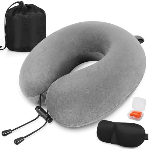 iophi Nackenkissen Flugzeug, Nackenhörnchen Memory Foam, Ergonomisch Gestaltetes Reisekissen, Nackenkissen Reise mit Schlafmaske, Ohrstöpsel, Tasche Ideal für Reisen, Flugzeug, Büro und Haus (Grau)