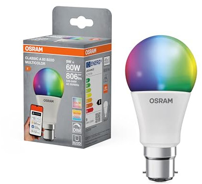 OSRAM Smart+ RGBW, B22d LED lamp with Matter Over WiFi, Specially Designed for Alexa - Easy Setup with one Click, 60W Replacement, Warm White to Cool White (2700-6500K), 16 Million RGB Colors, 1-Pack