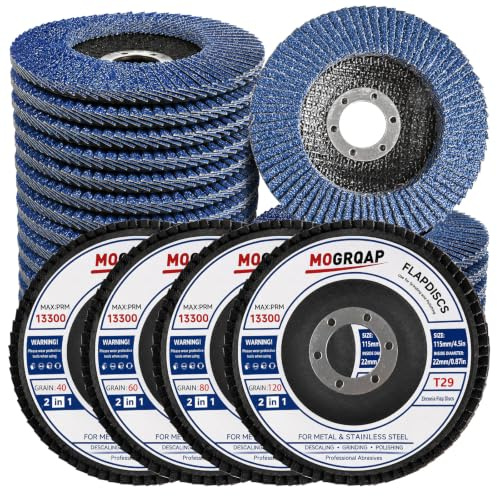 MOGRQAP 20 Stück 115mm Fächerscheiben, Feine Oberfläche Fächerschleifer 40/60/80/120 Korn Winkelschleifer Chleifmopteller Schleifscheiben Flap Disk für Metall Holz Stahl