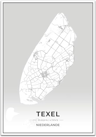 Texel Karten Poster - Premium Wandbild ohne Bilderrahmen I Moderne Wanddeko für Wohnzimmer oder Schlafzimmer I Hochwertiger Druck (Schwarz Weiss, 21x30 CM)