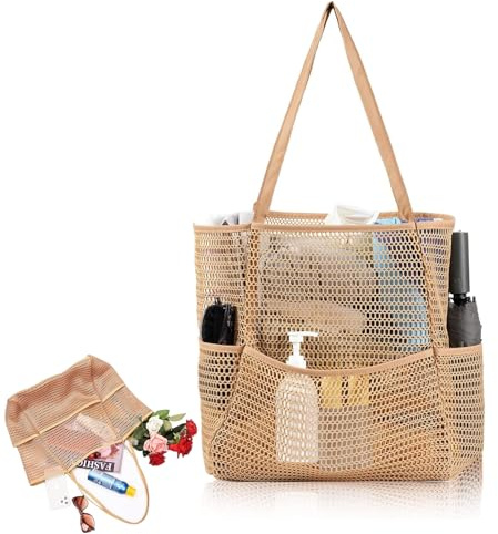 CALLYSONIC Strandväska XXL familj nät, badväska damer virkväska för sommaren, vikbar cape strandväska, shopper-väska damer, strandväska, för resor, shopping, vardag