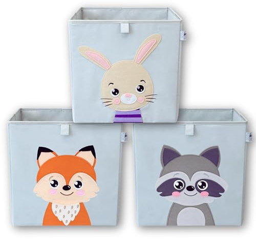 wonneklein Aufbewahrungsbox Kinder - Spielzeugkiste mit Tiermotiv - Ordnungsbox für Kallax Regal - Kinderzimmer Aufbewahrung - Hase, Fuchs, Waschbär(racoon