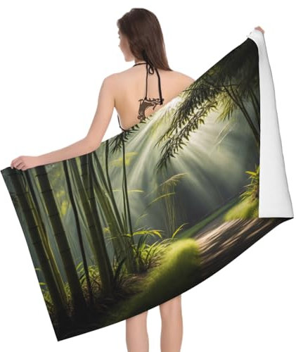 Leichong 3D Green Bamboo Woods Beach Towel Extra Large Microfiber Soft Quick Dry for Adults, Bamboo Bath Towel Lightweight Soft Absorbent for Travel Swimming Pool Sports, 100 x 200 cm
