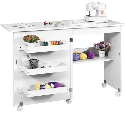 Warmiehomy Wooden Folding Sewing Tables with Storage Shelves and Wheels