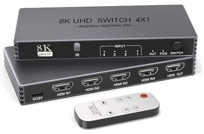 HDMI Switcher 4 in 1 Out - New Upgrade 8K@60Hz 4K@240Hz/144Hz/120Hz HDMI Switch with Remote Support HDCP2.3/HDR10, for PS5/PS4 Xbox Nintendo Roku Apple TV Fire Stick 8K HDMI2.1 Splitter
