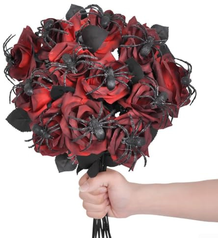 Lot de 10 bouquets de roses et d'araignée pour centres de table et décorations de fête d'Halloween effrayantes (rouge)
