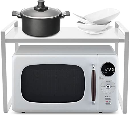 Extendable Microwave Oven Rack - Microwave Shelf Stand, White Kitchen Storage Organiser, 2 Tiers Storage Shelving Unit Kitchen Counter Shelf for Kitchen Dining Room Living Room