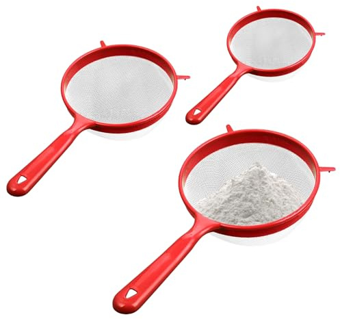 3 tailles (3/4/5 dia.) Tamis à mailles fines pour la cuisson, passoire à manche en plastique pour farine, lavage des aliments, égouttage des pâtes, spaghetti, riz, légumes, rouge, petit tamis