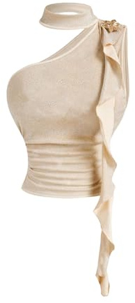 OYOANGLE Women's Glitter One Shoulder Ruched Halter Tops Metal 3D Floral Summer Party Going Out Crop Tank Top Gold Large