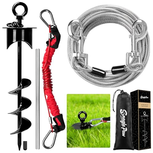 Snagle Paw Bodenanker für Hunde mit Lock-Cap, 9M Leine with Erdanker für Außen/Garten/Camping mit Stoßdämpfender Bungee-Leine, 360°drehbarer Rostfreier Bodenanker für Leinen, Ketten bis 360 lbs