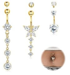 YADOCA 14 g navelpiercing kirurgiskt stål silver/guld piercing navel hjärta CZ lång navelpiercing ring (med 3 ersättningsbollar), 1.6mm, Rostfritt stål