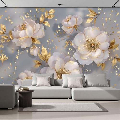 ZISTRCBAO Carta Parati Foglia D'Oro Fiori Bianchi 3D Effetto 400x280cm, Carta Da Parati in Seta Stile Boho Acquerello Fotomurale per Soggiorno Camera Letto Sala Ufficio Decorazione